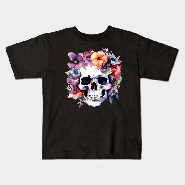 Watercolor Day of the Dead Skull Flowers Kids T-Shirt by Pixelchicken